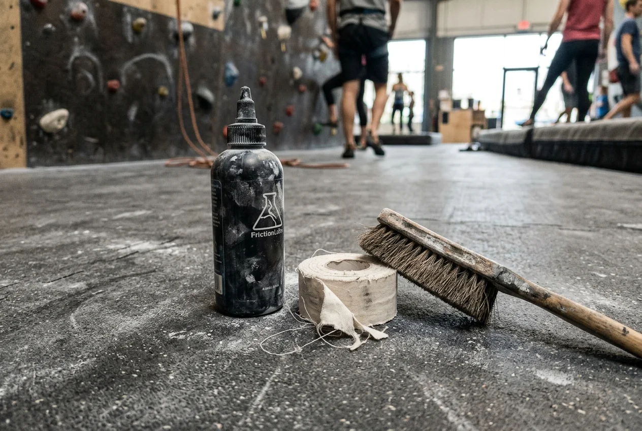 Accessori Arrampicata 2024: 7 Strumenti per Aumentare Grado e Sicurezza 2 Dettaglio di accessori per la cura delle mani nell'arrampicata: magnesite liquida, tape e spazzolino