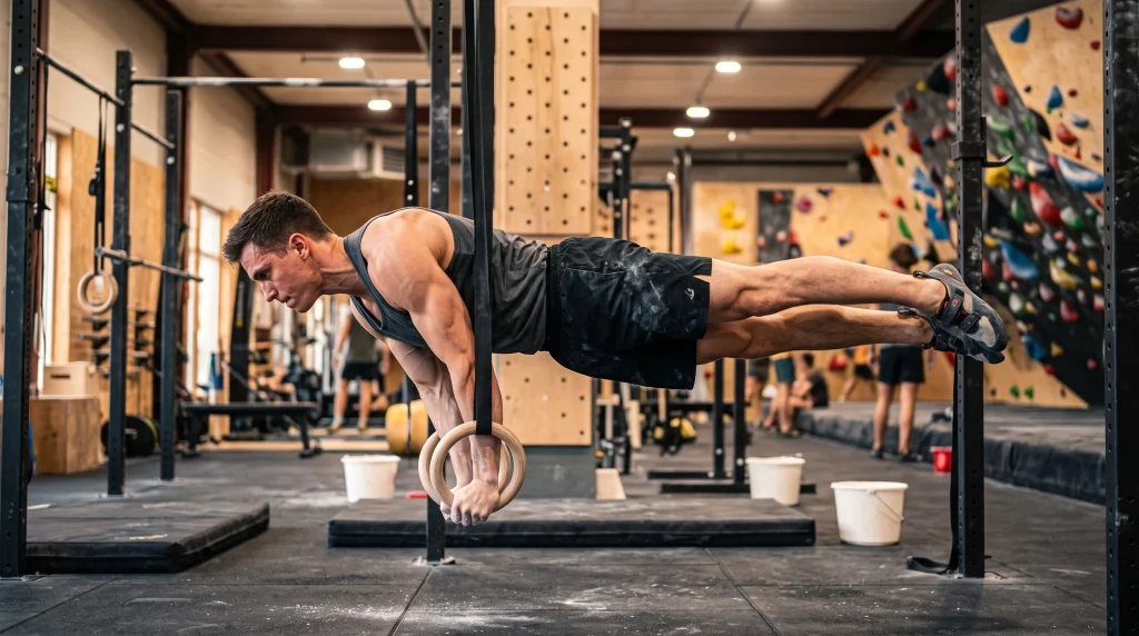 Allenamento a corpo libero calisthenics front lever trazioni e anelli per arrampicatori