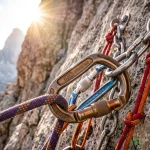 Moschettone per arrampicata con ghiera di sicurezza HMS collegato a sosta su roccia