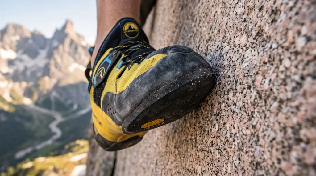 Tecniche di arrampicata in aderenza su placca granito spalmo della scarpetta e attrito gomma