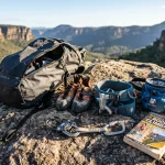 Kit iniziale di attrezzatura per arrampicarsi composto da zaino, scarpette, imbrago, sacchetto magnesite e guida
