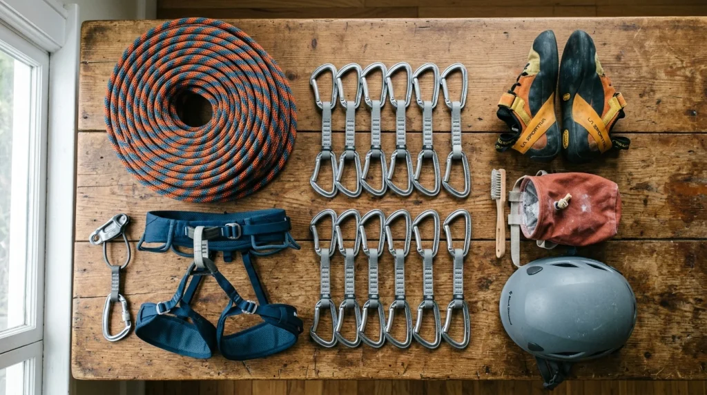 Kit di attrezzatura essenziale per arrampicata: corda, imbrago, rinvii e scarpette