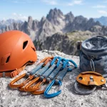 Kit completo di sicurezza per arrampicata sportiva con casco arancione rinvii ed ergonomici moschettoni