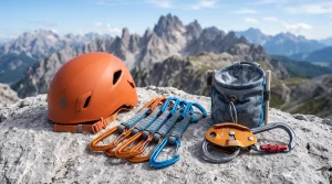 Kit completo di sicurezza per arrampicata sportiva con casco arancione rinvii ed ergonomici moschettoni