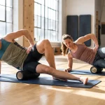 Atleta esegue allungamento per tensore della fascia lata e anca su tappetino con foam roller
