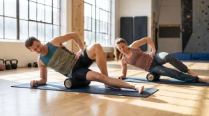 Atleta esegue allungamento per tensore della fascia lata e anca su tappetino con foam roller