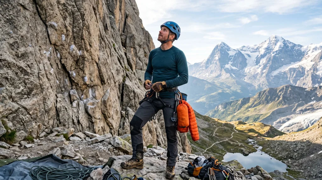 Arrampicatore con abbigliamento tecnico a strati, pantaloni rinforzati e imbrago alla base della falesia
