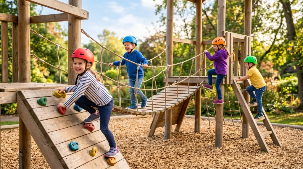 Bambini felici si divertono su una struttura ludica di arrampicata allaperto con caschetti di sicurezza