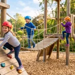 Bambini felici si divertono su una struttura ludica di arrampicata allaperto con caschetti di sicurezza