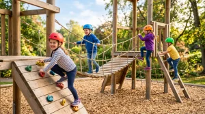 Bambini felici si divertono su una struttura ludica di arrampicata allaperto con caschetti di sicurezza