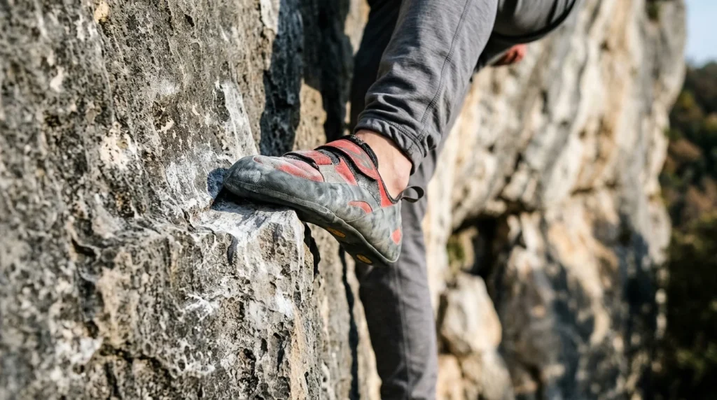 Dettaglio della scarpetta da arrampicata posizionata di punta su una tacca di calcare