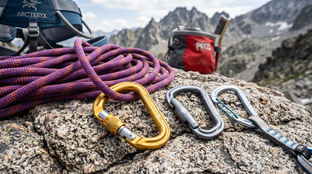 Moschettoni da arrampicata con ghiera a vite e rinvii leggeri appoggiati su roccia alpina