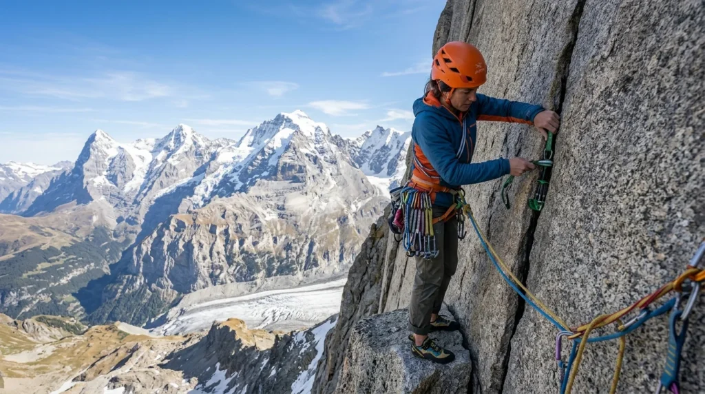 Alpinista che piazza un friend in fessura granitica su via multipitch con mezze corde e moschettoni