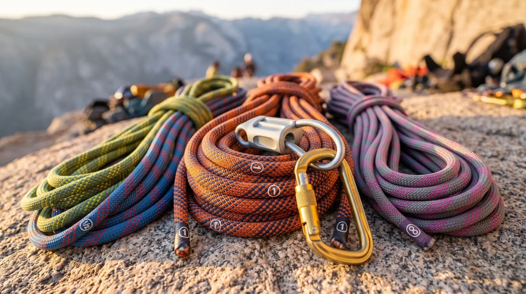 Matasse di corde dinamiche da arrampicata dai colori vivaci arrotolate su roccia granitica