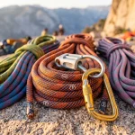 Matasse di corde dinamiche da arrampicata dai colori vivaci arrotolate su roccia granitica