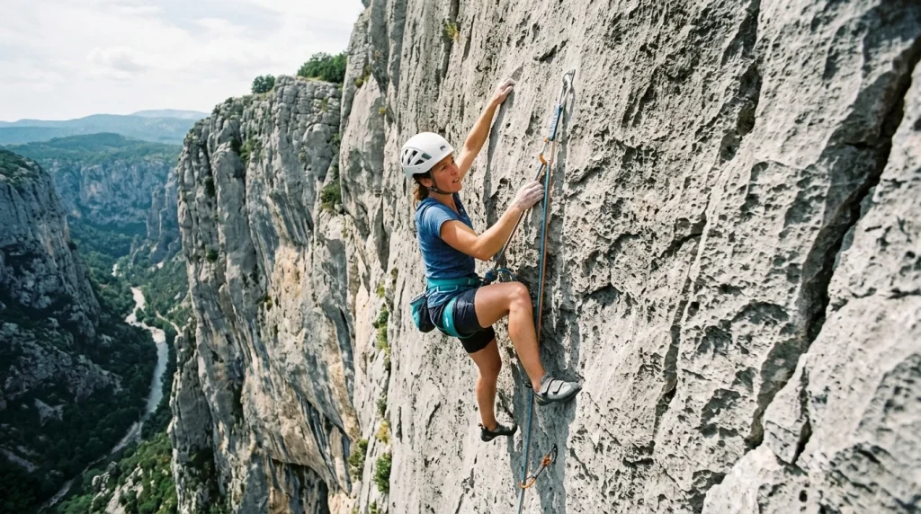 Climber che pratica free climbing assicurato su una parete di roccia calcarea