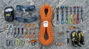 Panoramica flat lay completa di attrezzatura da arrampicata con corda, imbrago, rinvii, moschettoni e scarpette