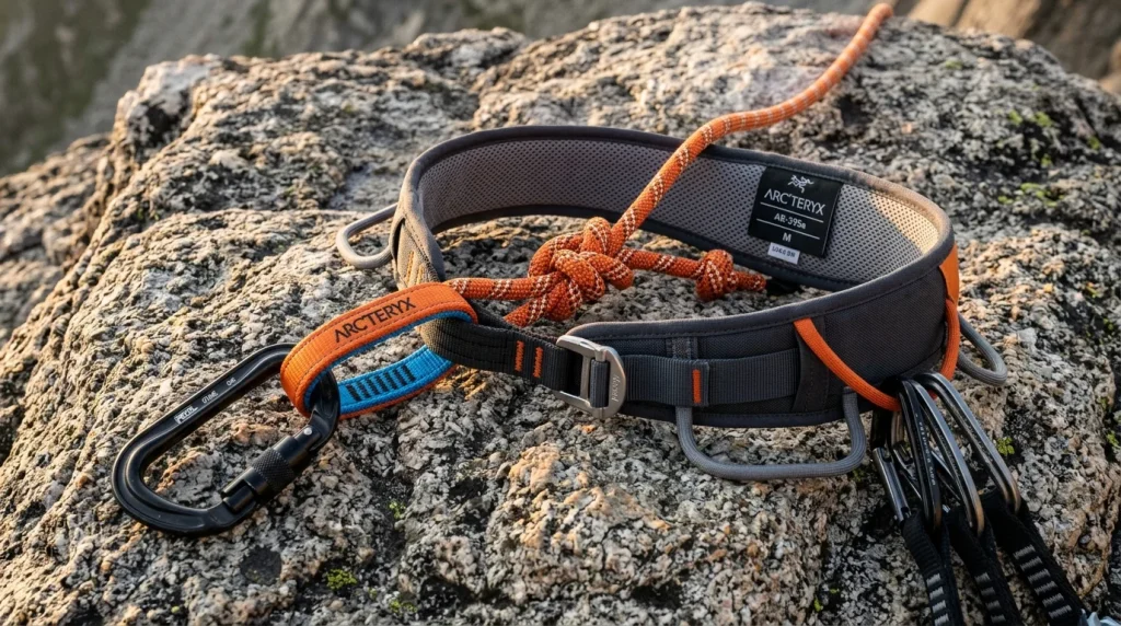 Imbragatura da arrampicata tecnica con anello di servizio, nodo a otto legato e moschettoni su roccia granitica