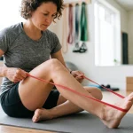 Arrampicatore che esegue esercizi di stretching e mobilità per il muscolo tibiale posteriore e caviglia con fascia elastica
