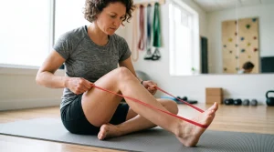 Guide Arrampicata e Mobilità per Tutti i Livelli | Arrampicata.info 1 Arrampicatore che esegue esercizi di stretching e mobilità per il muscolo tibiale posteriore e caviglia con fascia elastica