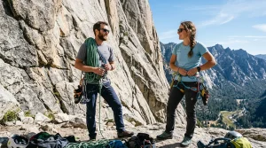 Coppia di scalatori con abbigliamento tecnico a strati, pantaloni da arrampicata e imbragatura alla base della falesia