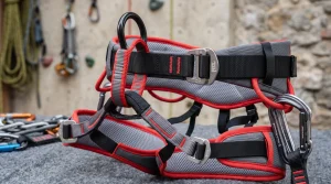 Dettaglio dell'imbrago Black Diamond con passanti di sicurezza rinforzati e fibbie regolabili per arrampicata