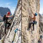 Confronto visivo tra escursionista su via ferrata dolomitica con cavo d'acciaio e scalatore in arrampicata libera