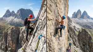Guide Arrampicata e Mobilità per Tutti i Livelli | Arrampicata.info 2 Confronto visivo tra escursionista su via ferrata dolomitica con cavo d'acciaio e scalatore in arrampicata libera