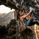Arrampicatrice atletica esegue movimento in strapiombo severo su roccia calcarea con tallonaggio