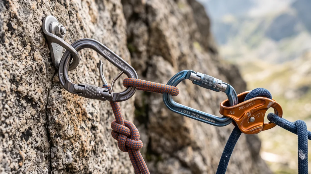 Moschettoni di sicurezza per arrampicata HMS con sistema anti-ribaltamento collegati a un freno assicuratore