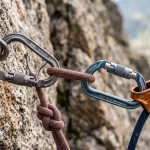 Moschettoni di sicurezza per arrampicata HMS con sistema anti-ribaltamento collegati a un freno assicuratore