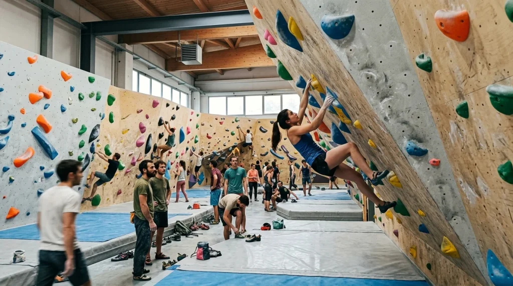 Climber che si allenano su una parete boulder in una palestra di arrampicata a Roma
