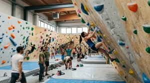 Guide Arrampicata e Mobilità per Tutti i Livelli | Arrampicata.info 4 Climber che si allenano su una parete boulder in una palestra di arrampicata a Roma