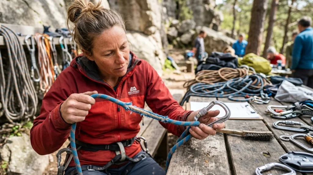 Istruttrice che ispeziona l'usura della calza della corda e dei moschettoni da arrampicata su tavolo di lavoro