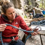 Istruttrice che ispeziona l'usura della calza della corda e dei moschettoni da arrampicata su tavolo di lavoro