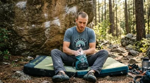 Guide Arrampicata e Mobilità per Tutti i Livelli | Arrampicata.info 3 Arrampicatore seduto su crash pad con maglietta grafica tecnica da boulder e sacchetto magnesite