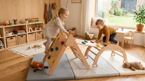 Guide Arrampicata e Mobilità per Tutti i Livelli | Arrampicata.info 2 Bambini che giocano in sicurezza su un triangolo di arrampicata in legno e materassini morbidi indoor