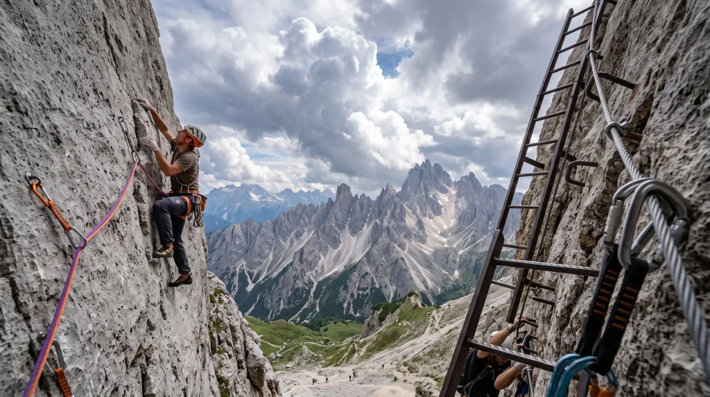 Confronto tra scalatore su roccia calcarea con corda dinamica e via ferrata con cavo dacciaio nelle Dolomiti