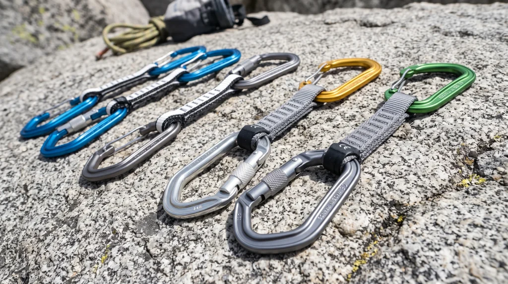 Assortimento di moschettoni da arrampicata con rinvii a leva a filo wiregate e leva piena su roccia granitica