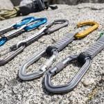Assortimento di moschettoni da arrampicata con rinvii a leva a filo wiregate e leva piena su roccia granitica