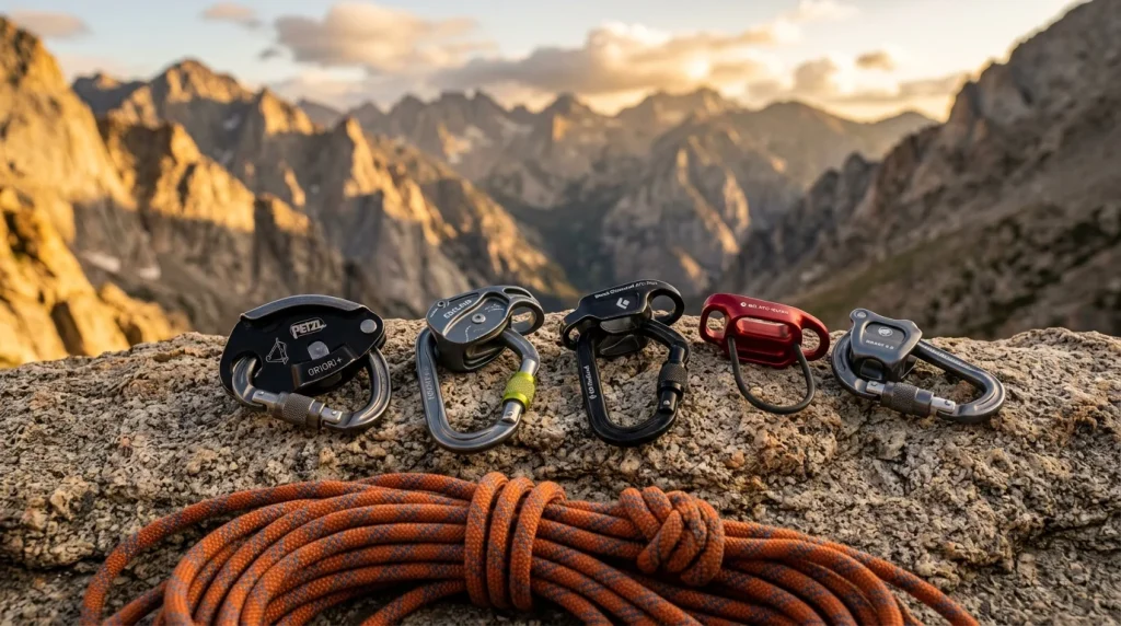 Dispositivi di assicurazione per arrampicata con freno assistito e secchiello esposti su roccia con corda e moschettoni