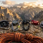 Dispositivi di assicurazione per arrampicata con freno assistito e secchiello esposti su roccia con corda e moschettoni
