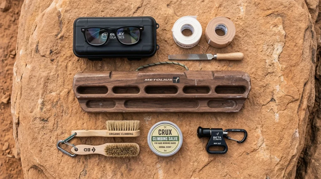 Composizione flat lay di accessori da arrampicata con occhiali prismatici, nastro dita, spazzolini e trave da riscaldamento