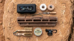 Composizione flat lay di accessori da arrampicata con occhiali prismatici, nastro dita, spazzolini e trave da riscaldamento