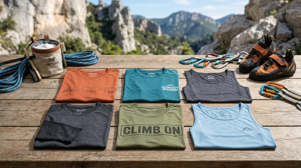 Collezione di magliette tecniche e canotte da arrampicata disposte su un tavolo con rinvii e scarpette