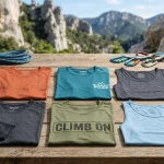 Collezione di magliette tecniche e canotte da arrampicata disposte su un tavolo con rinvii e scarpette