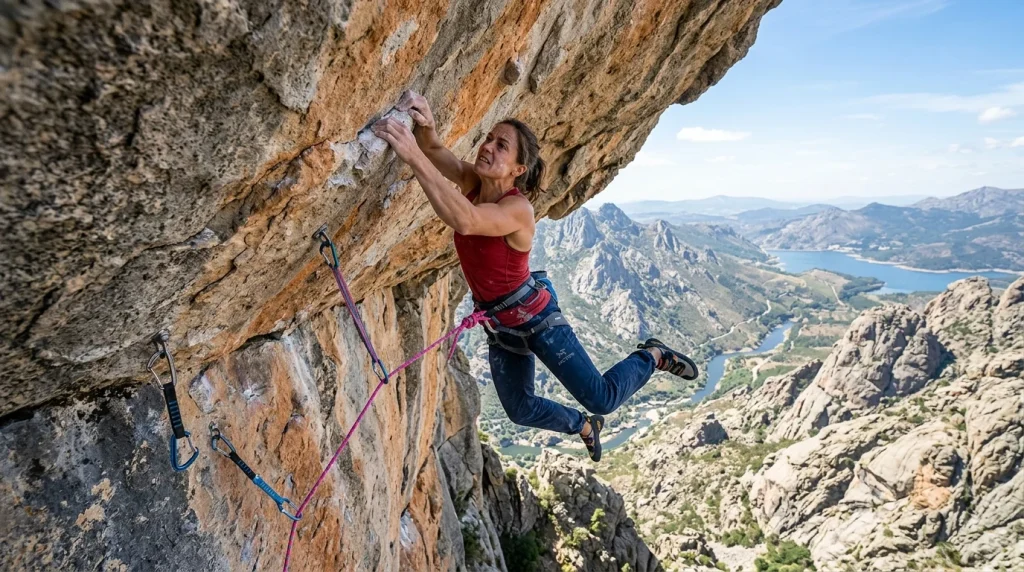 Scalatrice in arrampicata libera su parete a strapiombo con assicurazione su corda e rinvii